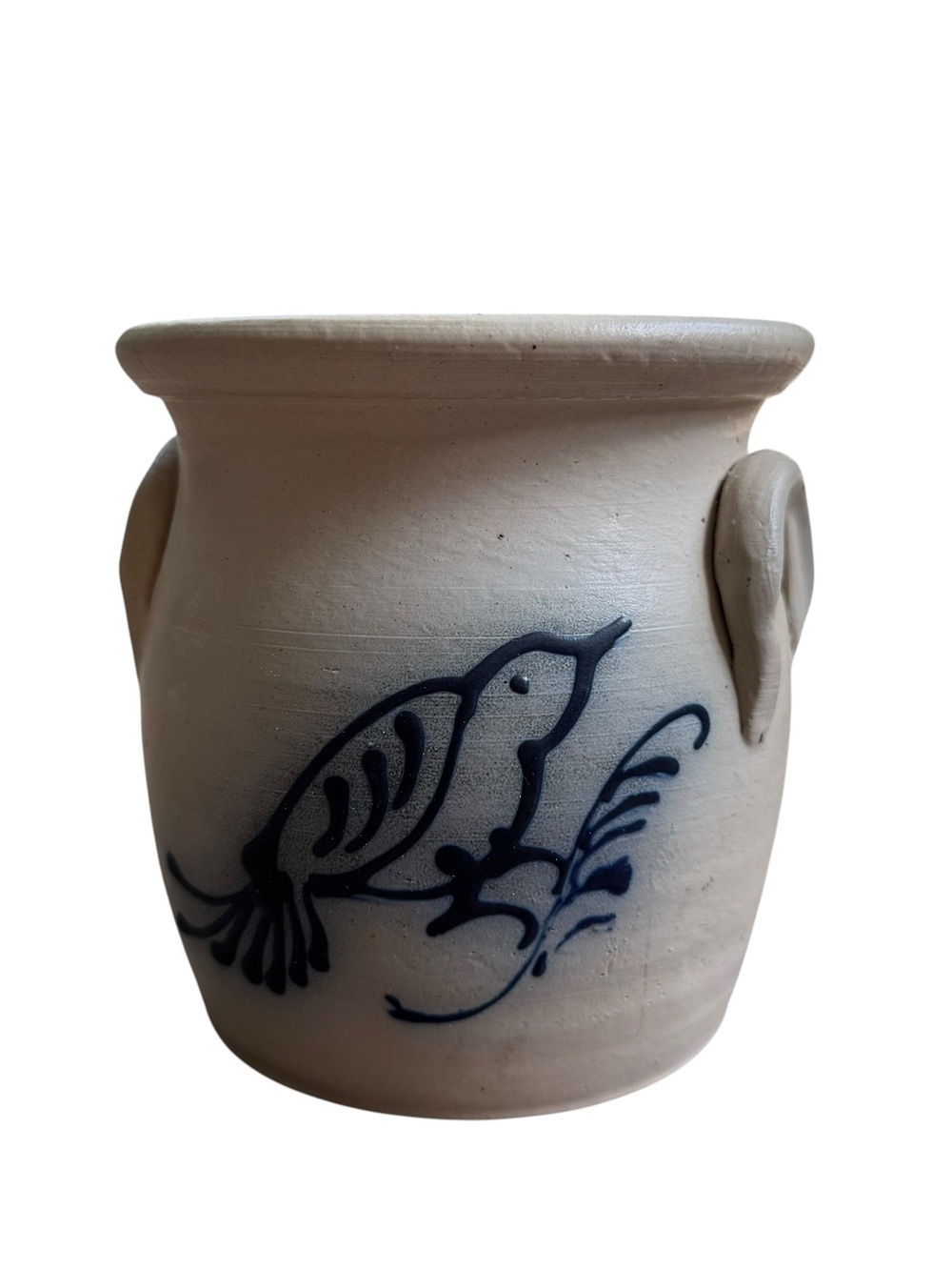 VTG 90’s Salt Glaze Bird Pottery 5” Crock Handles Farmhouse Cobalt Folk Country